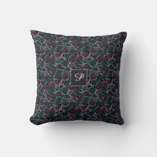 Pink and turquoise stylised leaves black Pattern Cushion