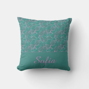 Pink and turquoise stylised leaves blue Pattern  Cushion