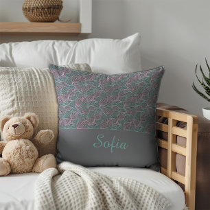 Pink and turquoise stylised leaves grey Pattern Cushion