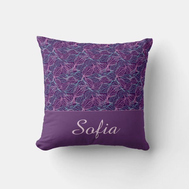 Pink and turquoise stylised leaves purple Pattern  Cushion (Front)