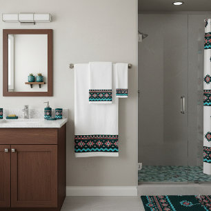 Pink and turquoise tribal bath towel set
