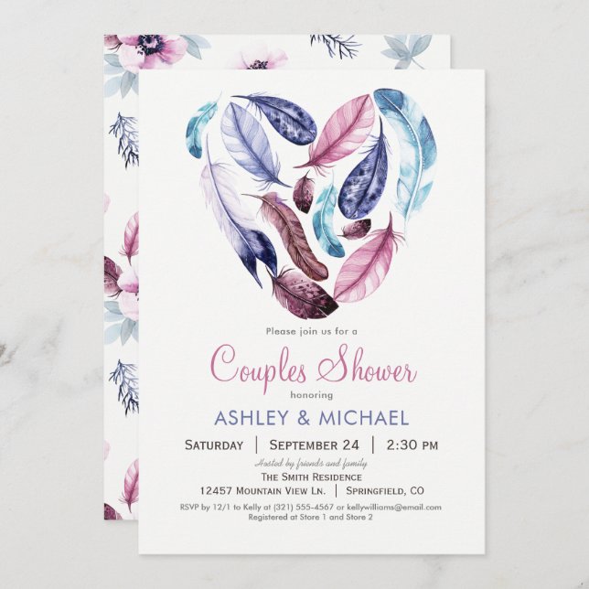 Pink and Violet Feathers Couples Shower Invitation (Front/Back)