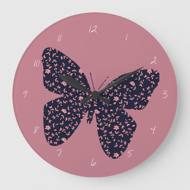 Pink and Violet Floral Butterfly Large Clock (Front)