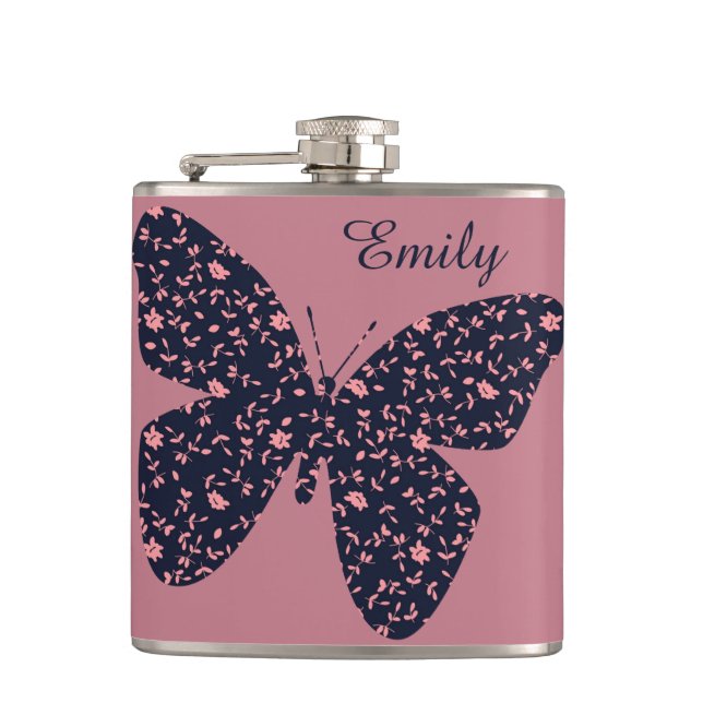 Pink and Violet Floral Butterfly Personalised Hip Flask (Front)