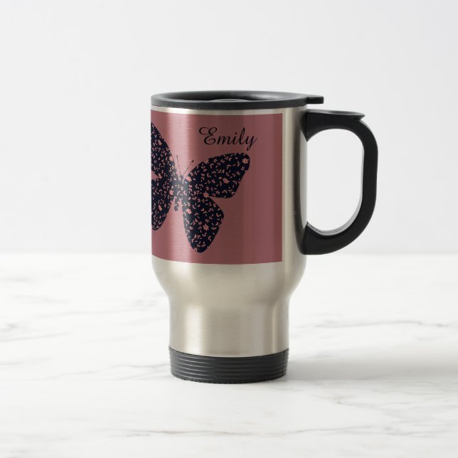 Pink and Violet Floral Butterfly Personalised Travel Mug (Right)