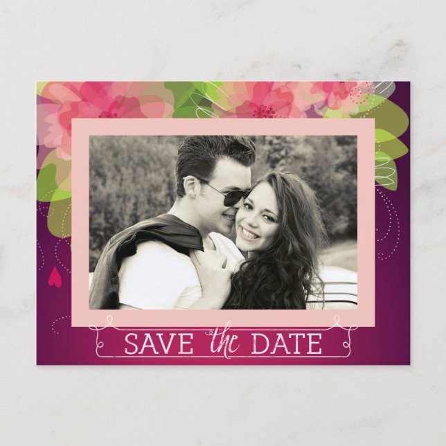 Pink and Violet Floral Save the Date Announcement Postcard (Front)