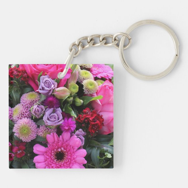 Pink and Violet Flower Bouquet Photo Key Ring (Back)