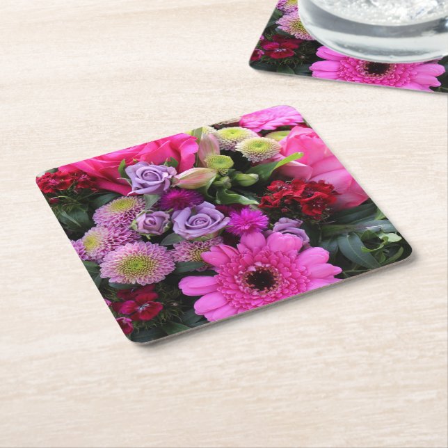Pink and Violet Flower Bouquet Photo Square Paper Coaster (Angled)