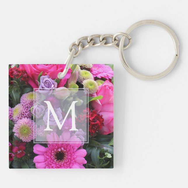 Pink and Violet Flowers Monogram Key Ring (Back)