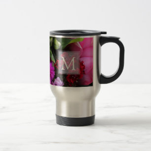 Pink and Violet Flowers Monogram Travel Mug