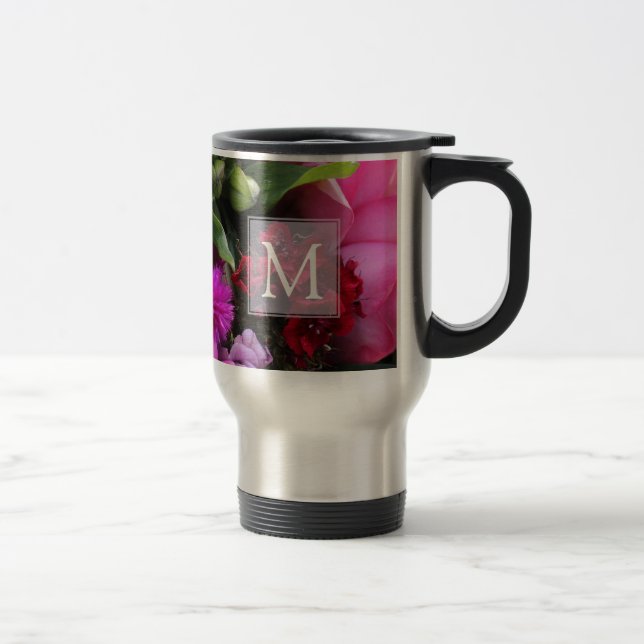 Pink and Violet Flowers Monogram Travel Mug (Right)