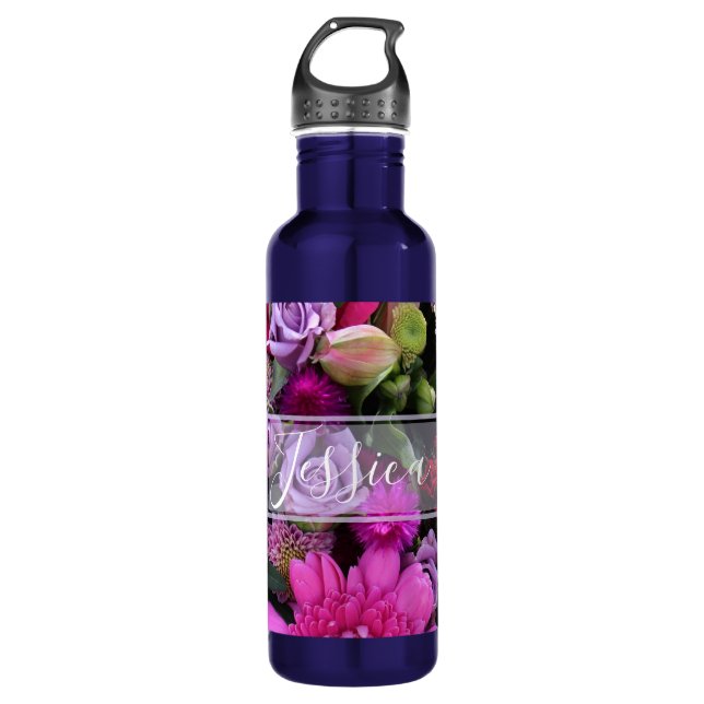Pink and Violet Flowers Personalised 710 Ml Water Bottle (Front)