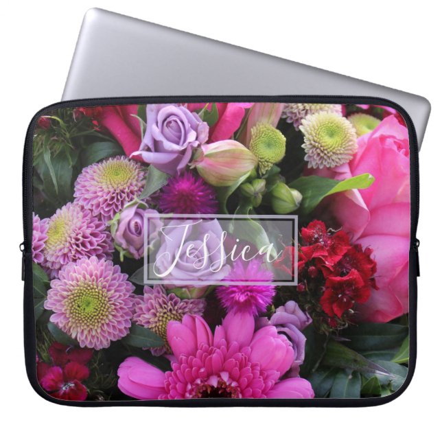 Pink and Violet Flowers Personalised Laptop Sleeve (Front)