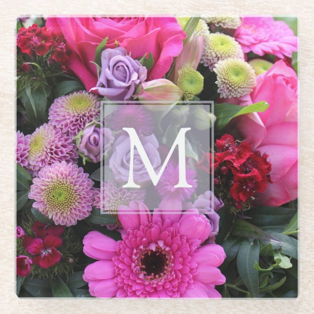 Pink and Violet Flowers Personalised Monogram Glass Coaster (Front)