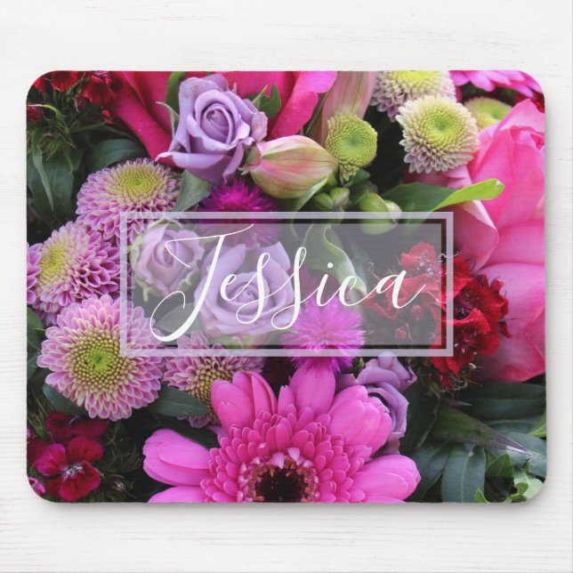 Pink and Violet Flowers Personalised Mouse Mat (Front)