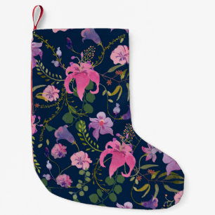 Pink and violet flowers with green leaves on the d small christmas stocking