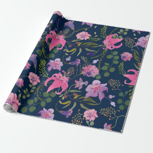 Pink and violet flowers with green leaves on the d wrapping paper