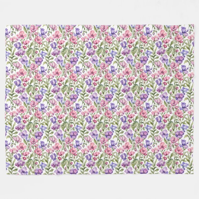 Pink and Violet Sweet Peas Fleece Blanket (Front (Horizontal))
