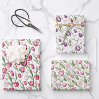Pink And Violet Vintage Tulips Wrapping Paper Sheet