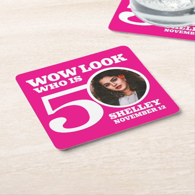 Pink and white 50th birthday photo look who is  square paper coaster (Angled)