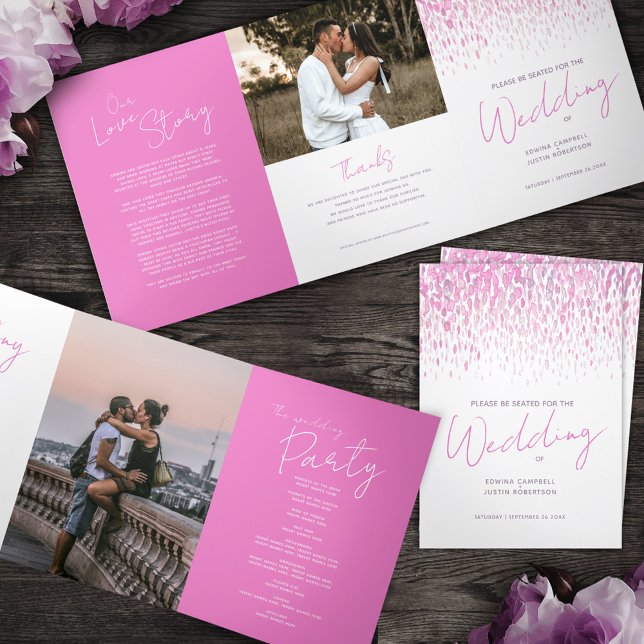 Pink and white abstract art wedding ceremony Tri-Fold programme (Creator Uploaded)