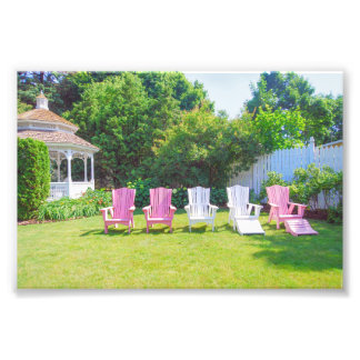 Pink and White Adirondack Chairs, Wisconsin Garden Photo Print