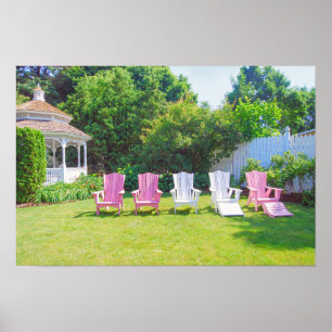 Pink and White Adirondack Chairs, Wisconsin Garden Poster