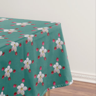 Pink and White Apple Blossom on Teal Tablecloth