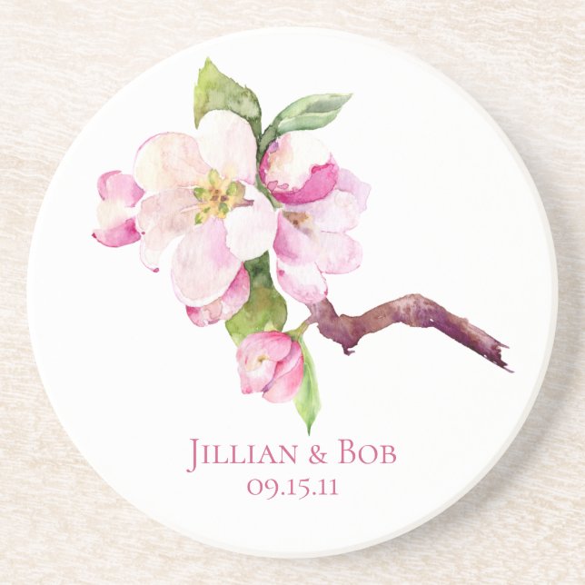 Pink and White Apple Blossoms Monogram Coaster (Front)