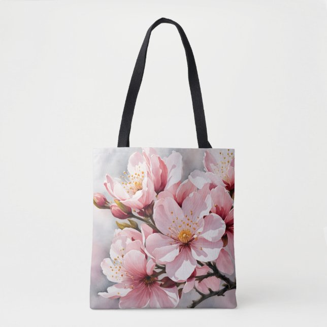 Pink and White Apricot Blossoms on Grey Background Tote Bag (Front)