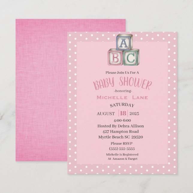 Pink and White Baby Blocks Girl Shower Invitation (Front/Back)