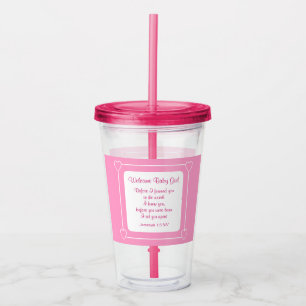 Pink and White Baby Boy Shower Party Bible Verse Acrylic Tumbler
