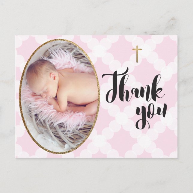 Pink and white Baby Girl Baptism Thank you Postcard (Front)