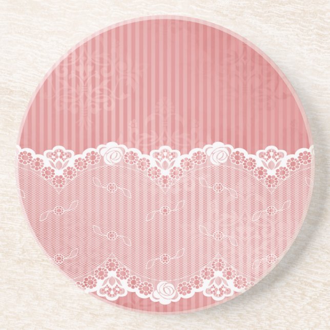 Pink and white background with black lace coaster (Front)