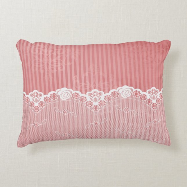 Pink and white background with black lace decorative cushion (Front)