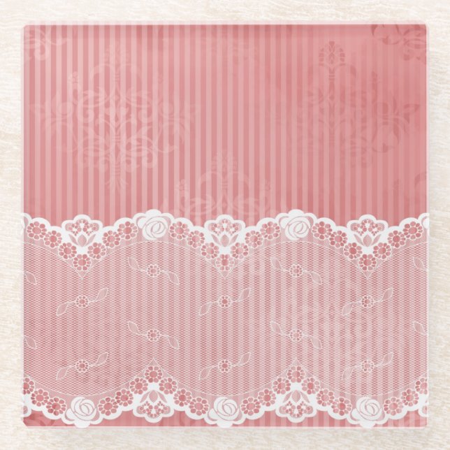 Pink and white background with black lace glass coaster (Front)