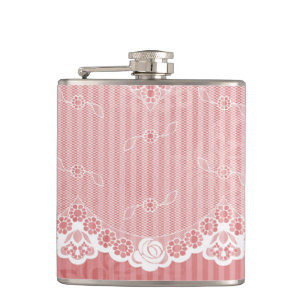 Pink and white background with black lace hip flask