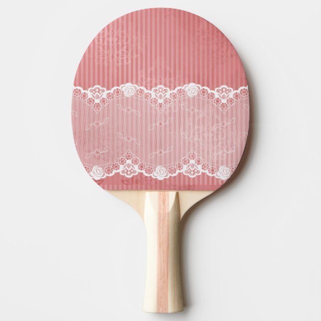 Pink and white background with black lace ping pong paddle (Front)