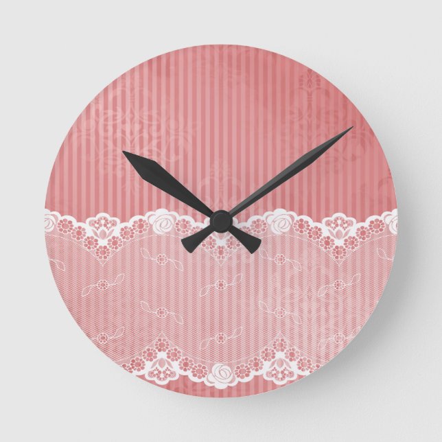 Pink and white background with black lace round clock (Front)