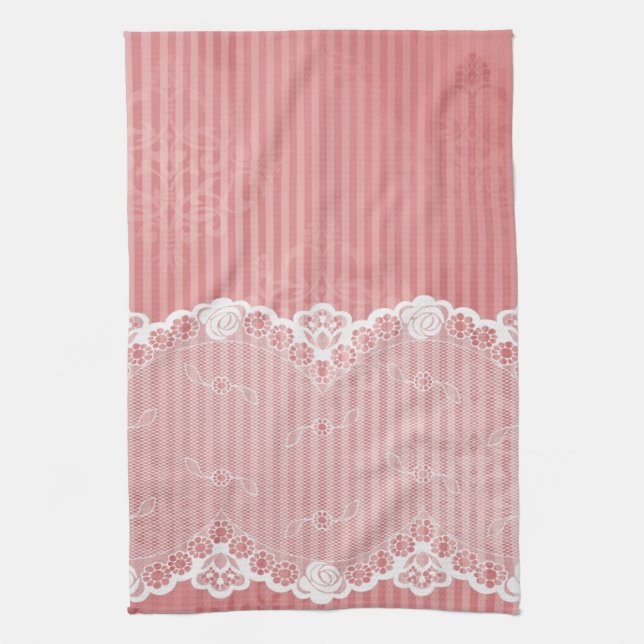 Pink and white background with black lace tea towel (Vertical)