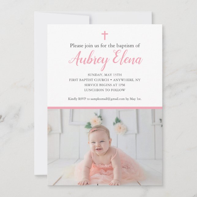 Pink and white baptism invitation with photos (Front)