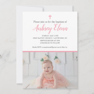 Pink and white baptism invitation with photos