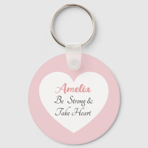 Pink and White Be Strong Bible Verse Name Heart Key Ring