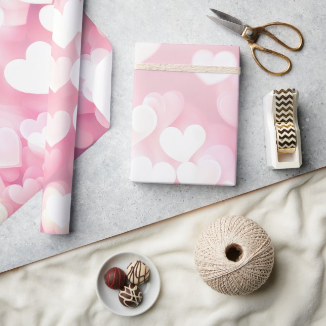 Pink And White Bokeh Hearts Wrapping Paper (Crafts)