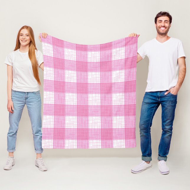 Pink and White Bold Checkered Plaid Design  Fleece Blanket (Creator Uploaded)