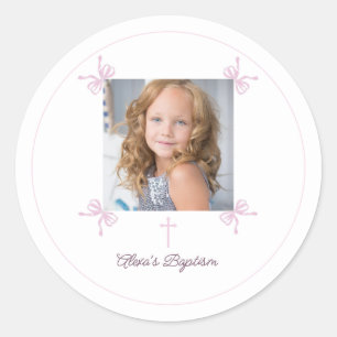 Pink and White bow First Holy Communion Classic Round Sticker