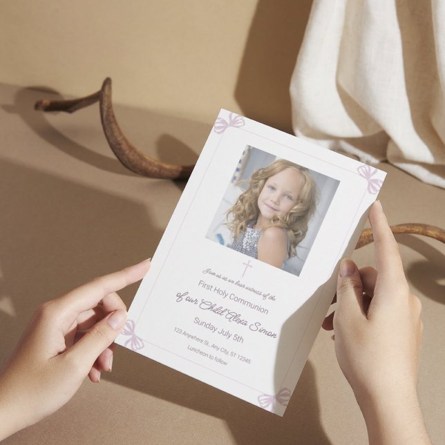 Pink and White bow First Holy Communion Invitation (2)