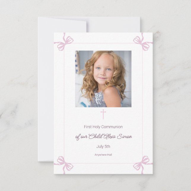 Pink and White bow First Holy Communion RSVP Card (Front)