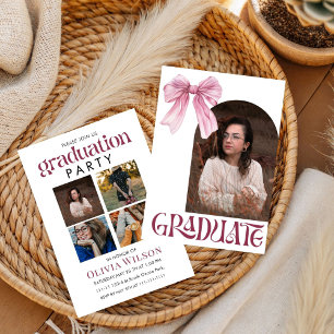 Pink and white Bow Graduation with Photos Invitation