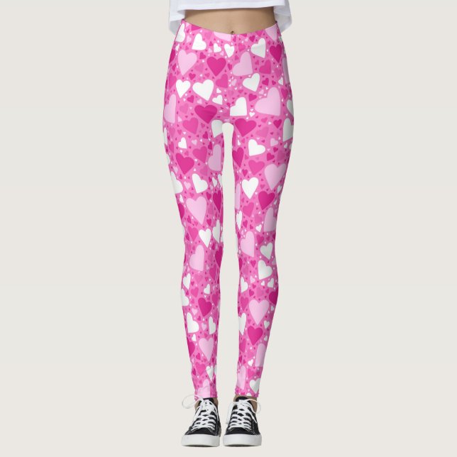 Pink and White Breast Cancer Awareness Hearts Leggings (Front)
